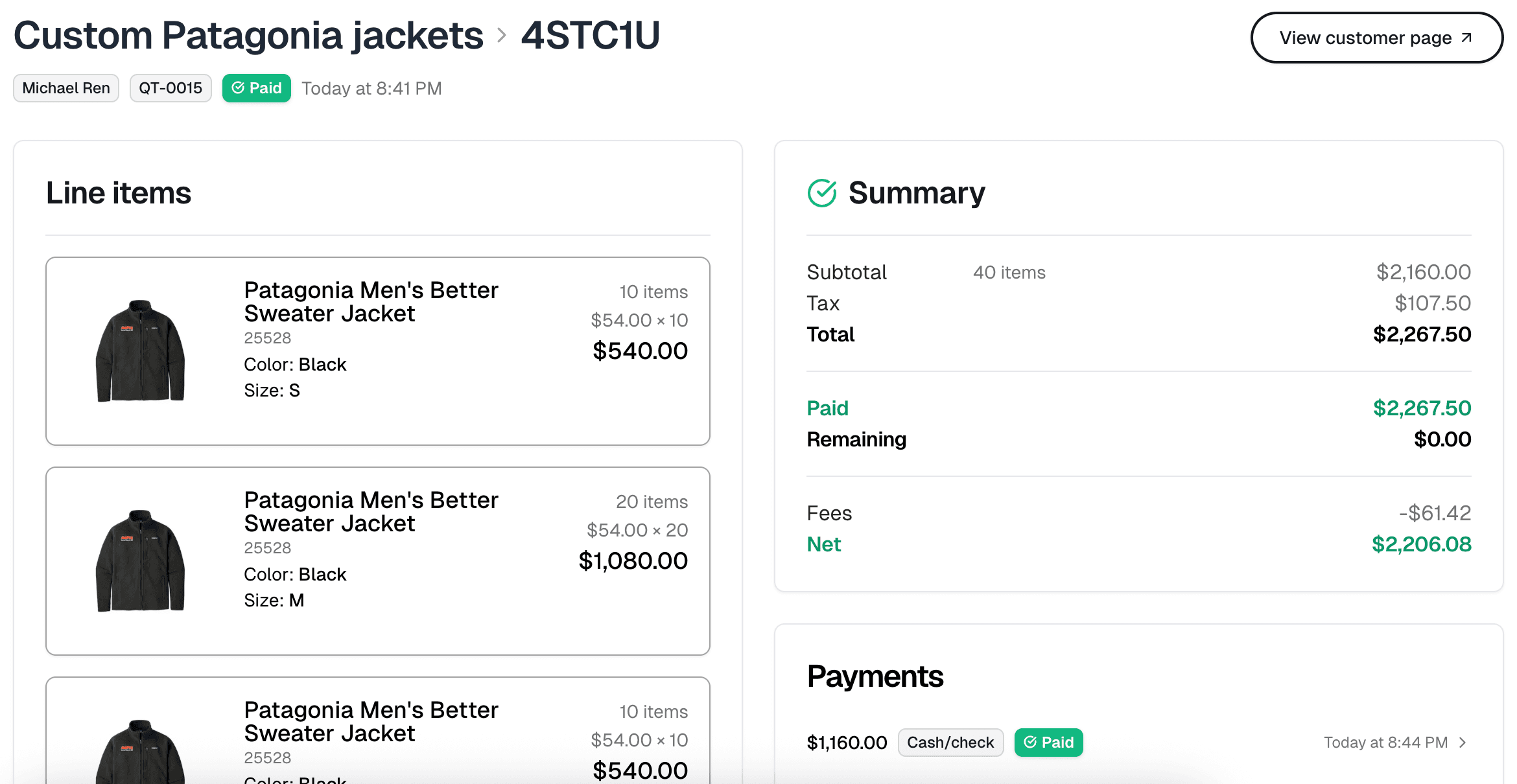 A quote detail page showing a sent quote with payment history, line items, and action buttons.