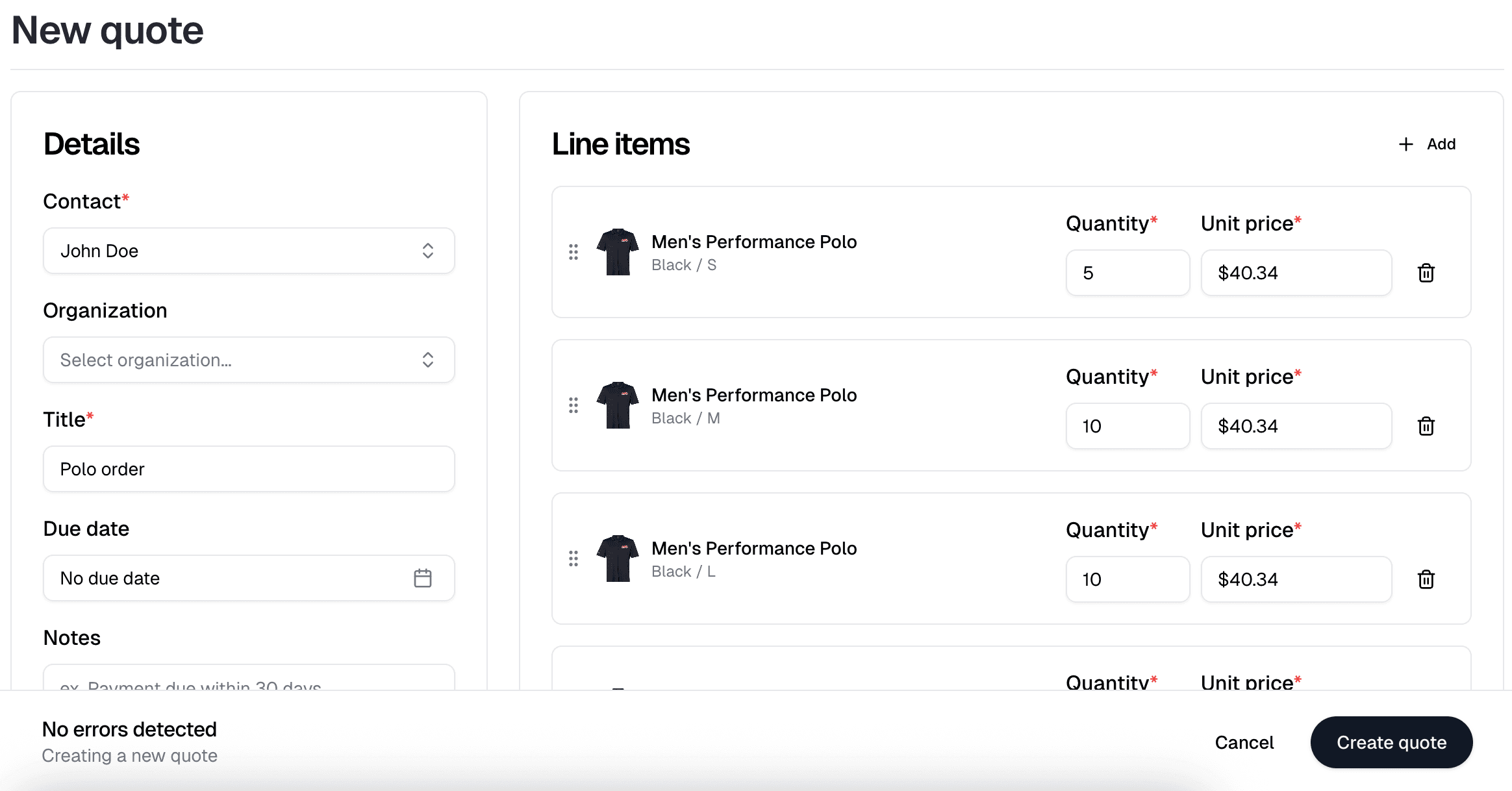 The quote editor showing product line items, surcharges, and a total breakdown.