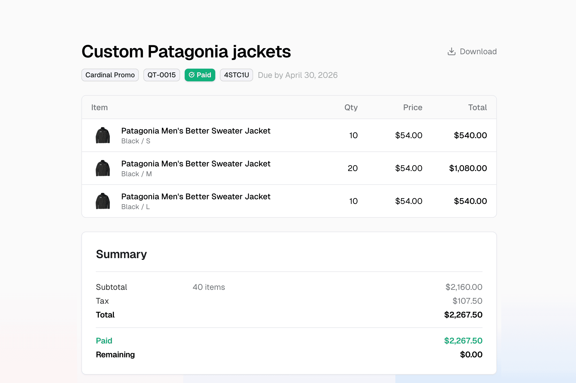 The customer-facing quote page showing a branded header, line items, and a pay button.