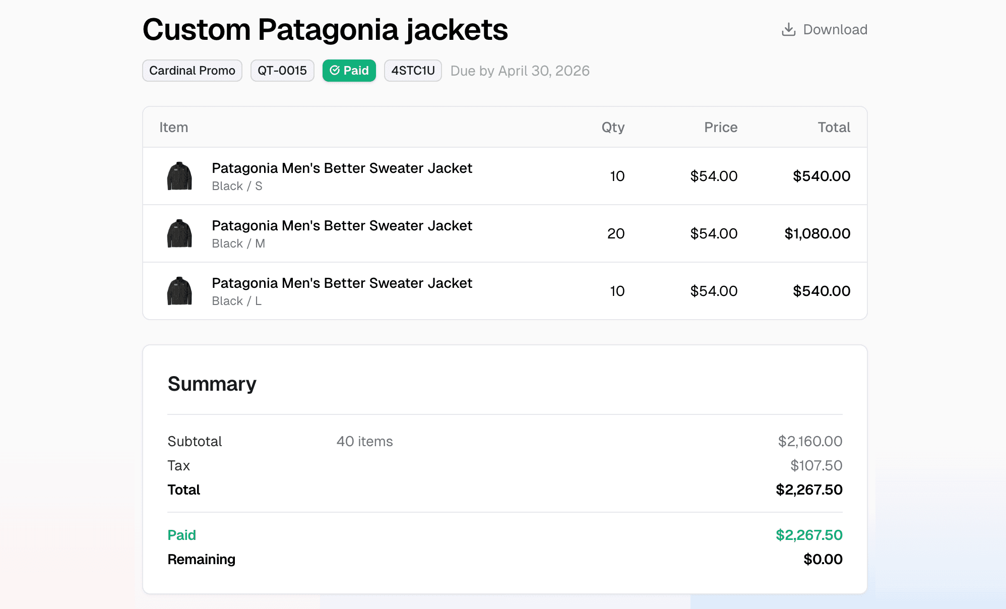 The customer-facing quote page showing a branded header, line items, and a pay button.