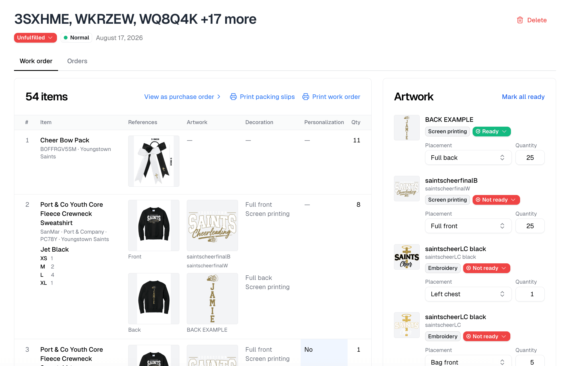Itemstores work order showing apparel quantities, sizes, prints, and embroidery