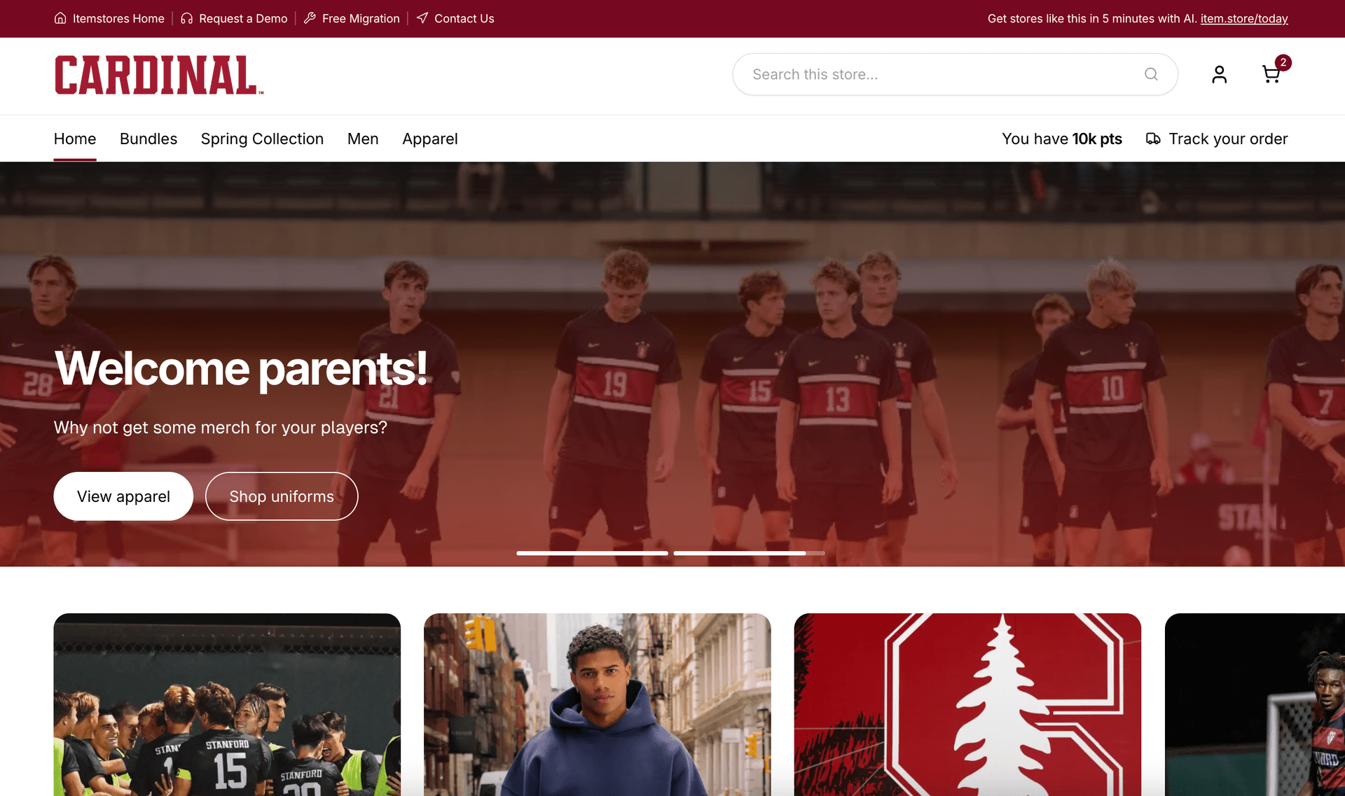 Itemstores product catalog with AI-generated mockups decorated from SanMar and S&S Activewear blanks.