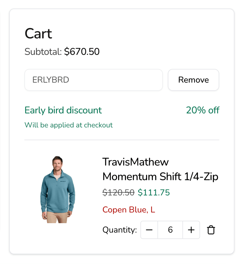 A storefront cart with the coupon code ERLYBRD applied: Early bird discount, 20% off, will be applied at checkout, above a quarter-zip priced down from $120.50 to $111.75