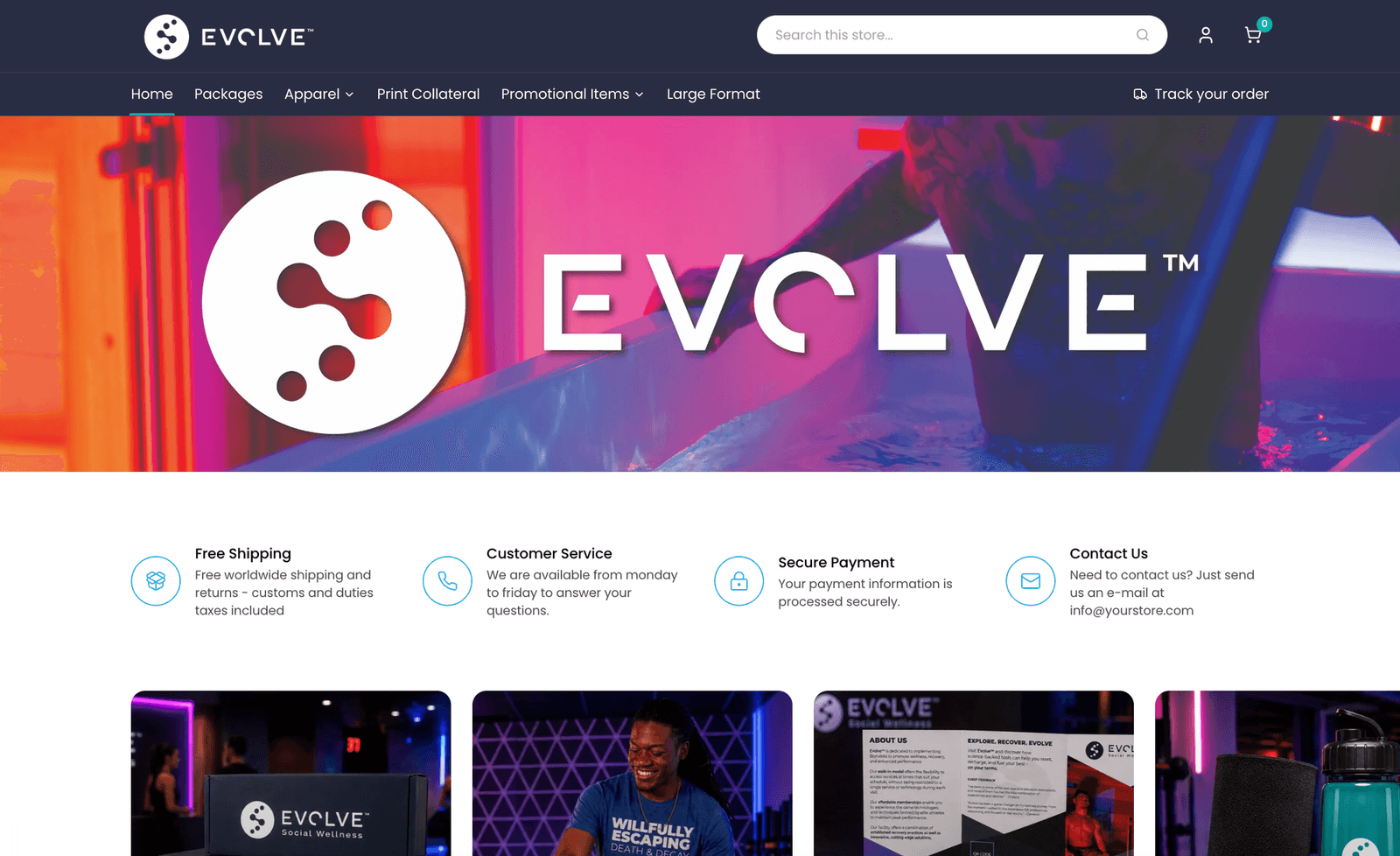 The Evolve Social Wellness storefront: a branded banner over free shipping, customer service and secure payment notes, with product categories below