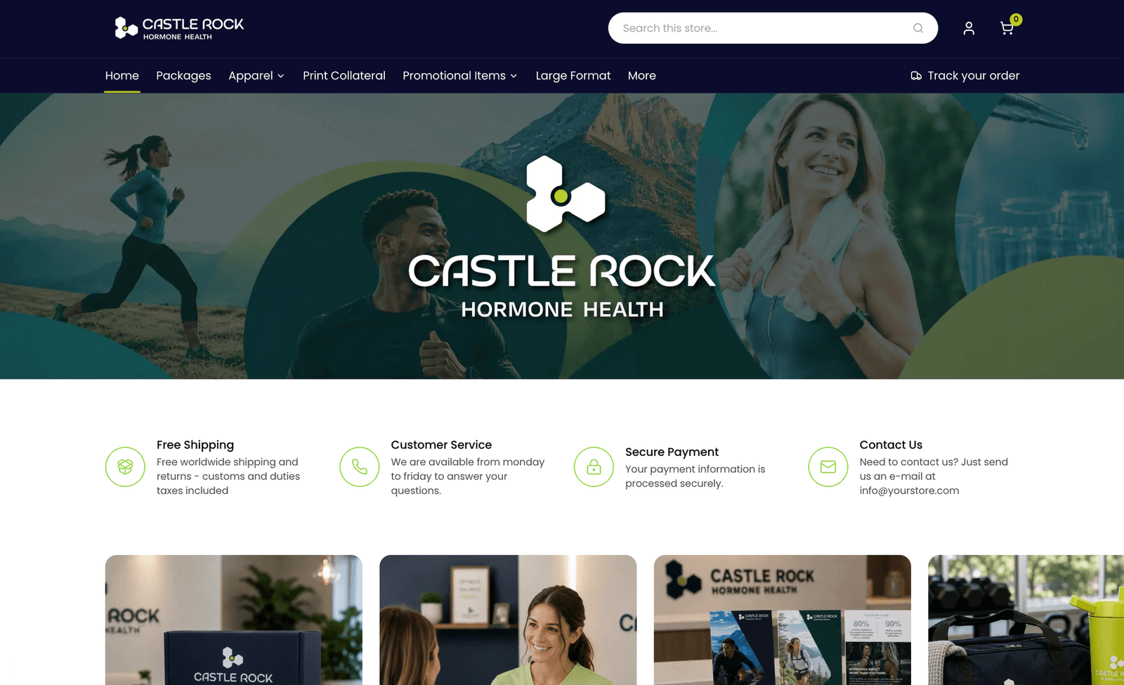The Castle Rock Hormone Health company store: a branded banner over free shipping, customer service and secure payment notes, with product categories below