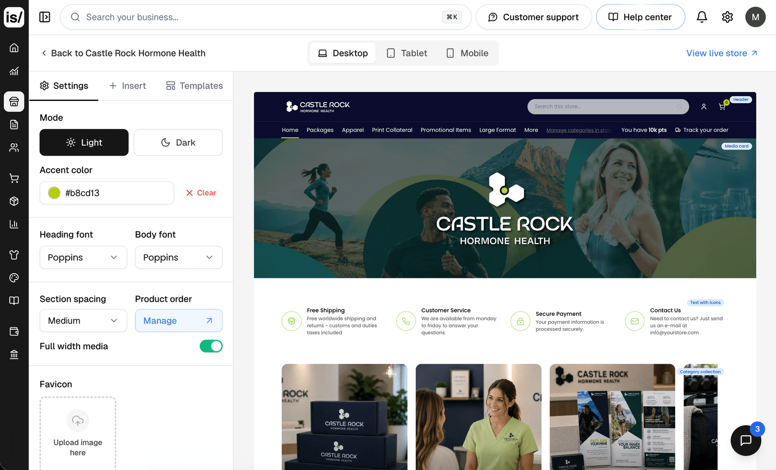 The Itemstores website editor: settings for mode, accent color and fonts beside a live preview of the Castle Rock Hormone Health store