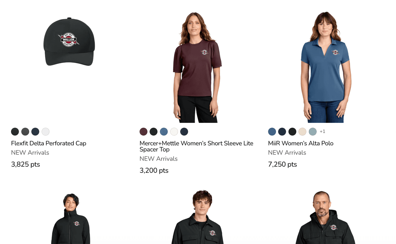 New arrivals priced in points: a Miller Electric logo cap at 3,825 pts, a top at 3,200 pts and a polo at 7,250 pts