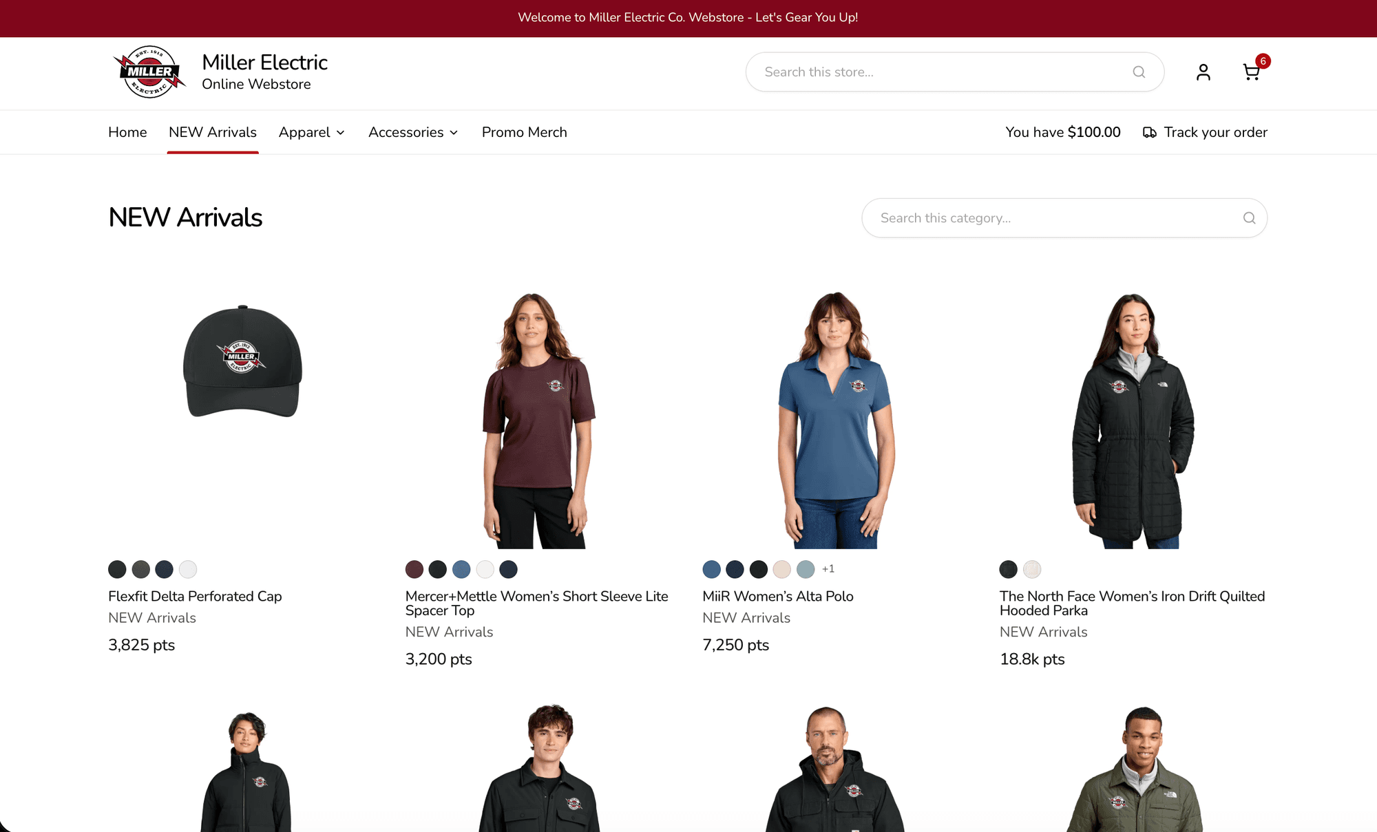 A company store priced in points: the shopper's $100.00 balance in the header, and new arrivals from a cap at 3,825 pts to a parka at 18.8k pts