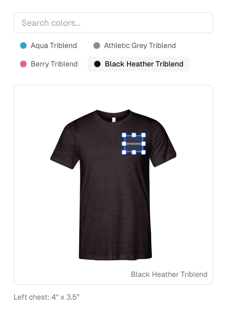 The placement editor for a Fulfill Engine tee in Black Heather Triblend: its color list, and the Itemstores logo on the left chest print area, 4 by 3.5 inches