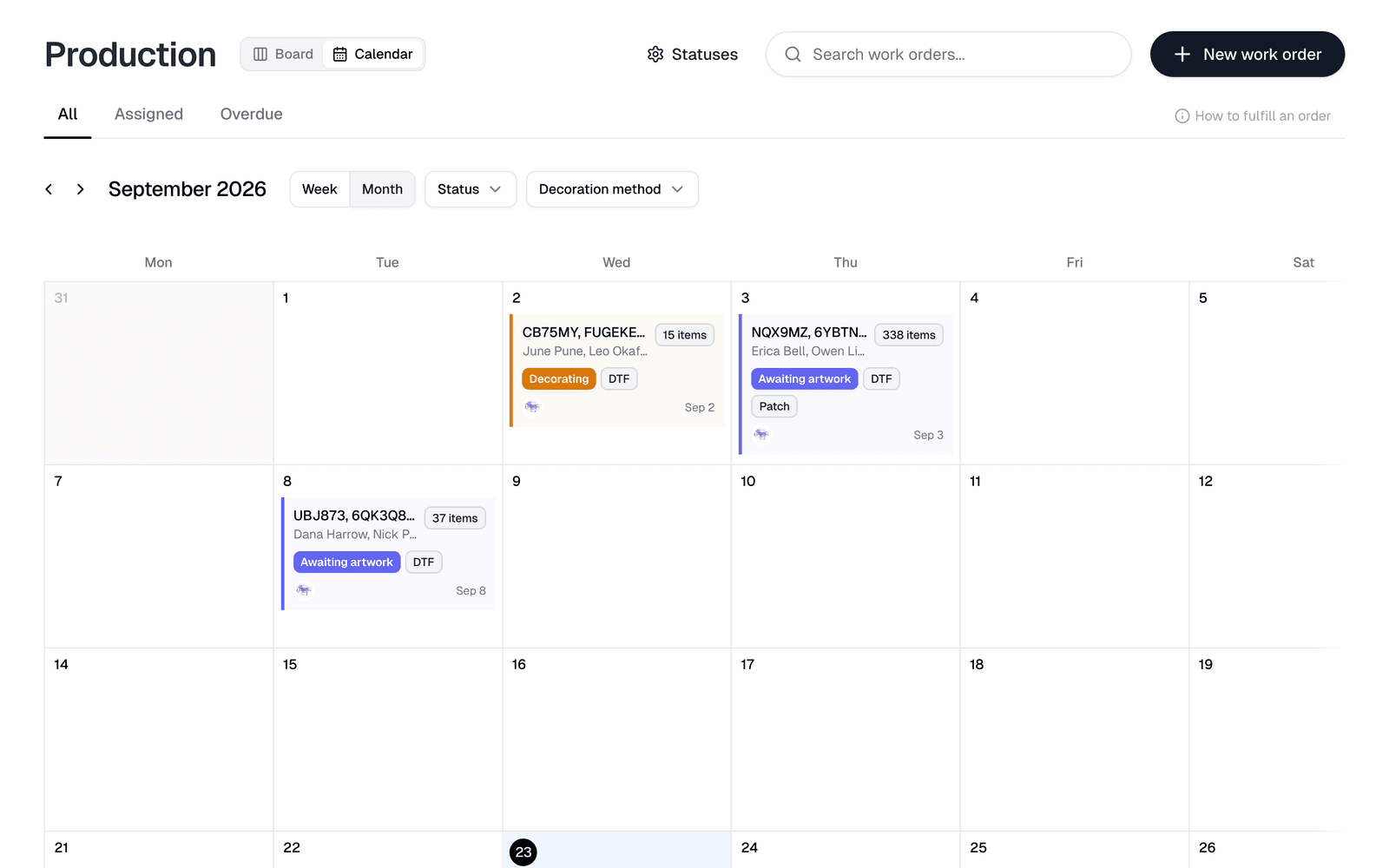 The production calendar in month view, with work orders placed on their due dates