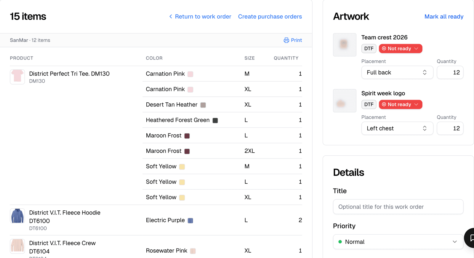 A work order shown as purchase orders: its SanMar group, each product's lines by color, size and quantity, with Create purchase orders above