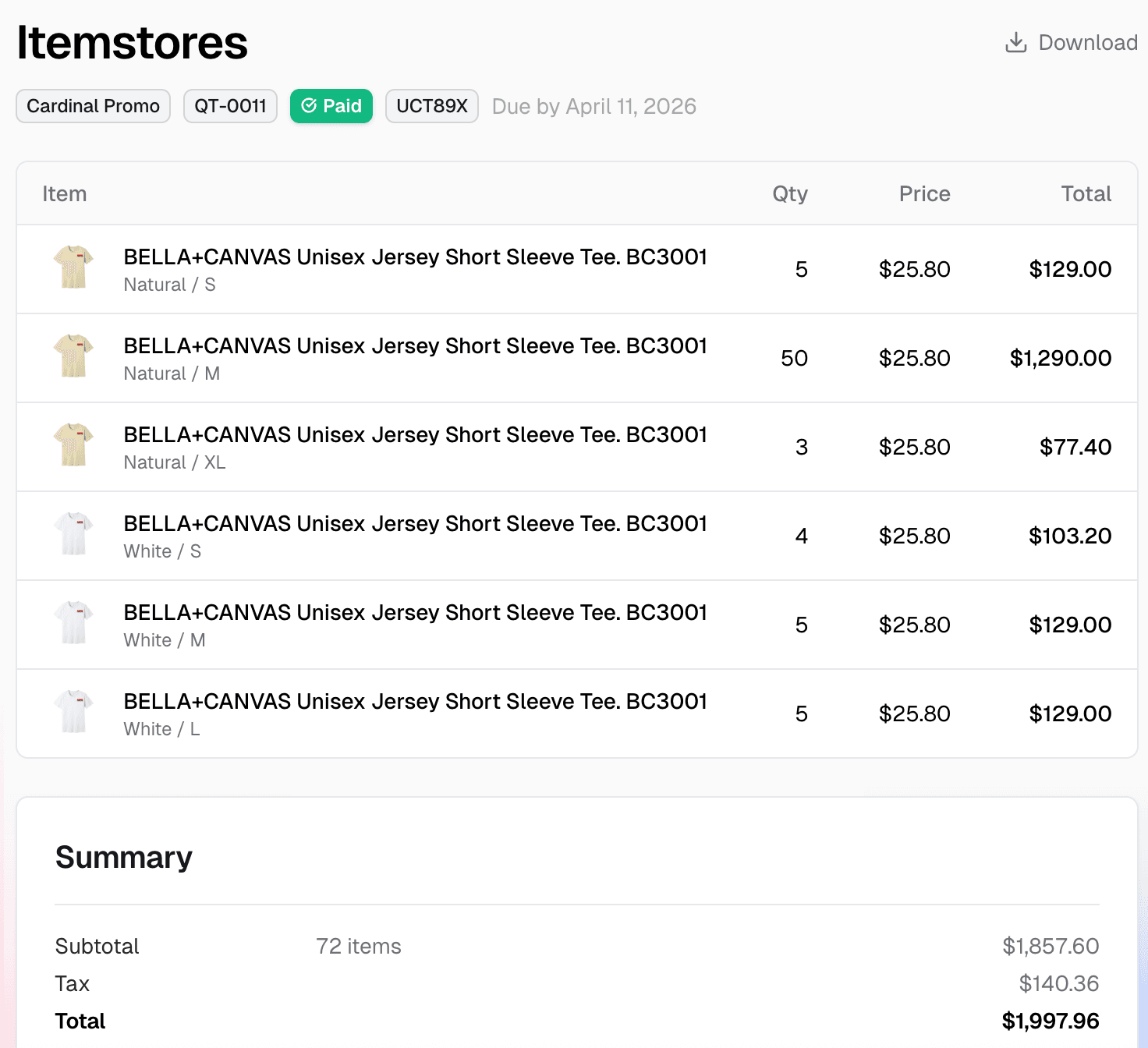 The Itemstores quoting interface showing a professional quote with line items and payment tracking.