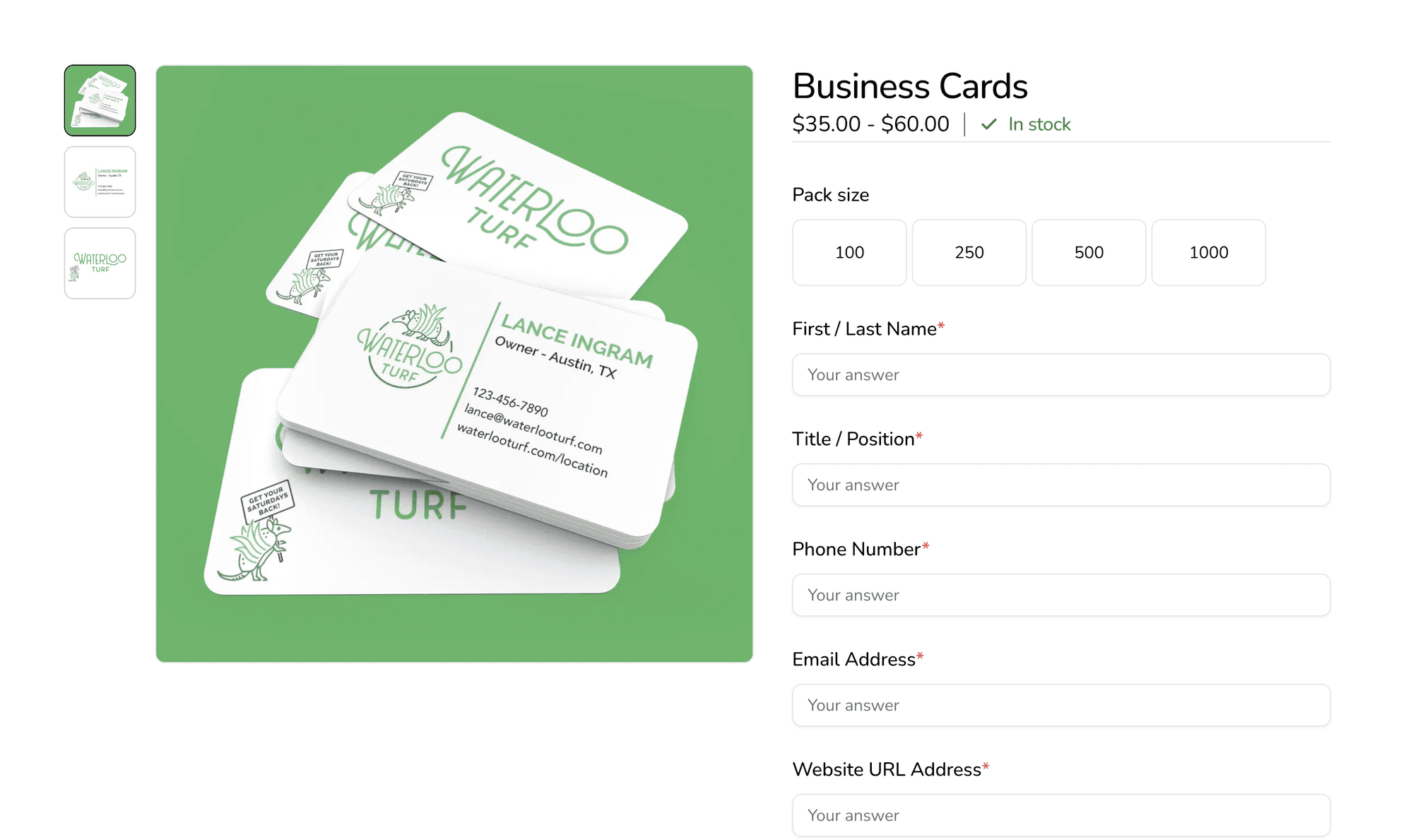 A Waterloo Turf business cards product page with pack sizes and required fields for a name, title, phone number, email and website