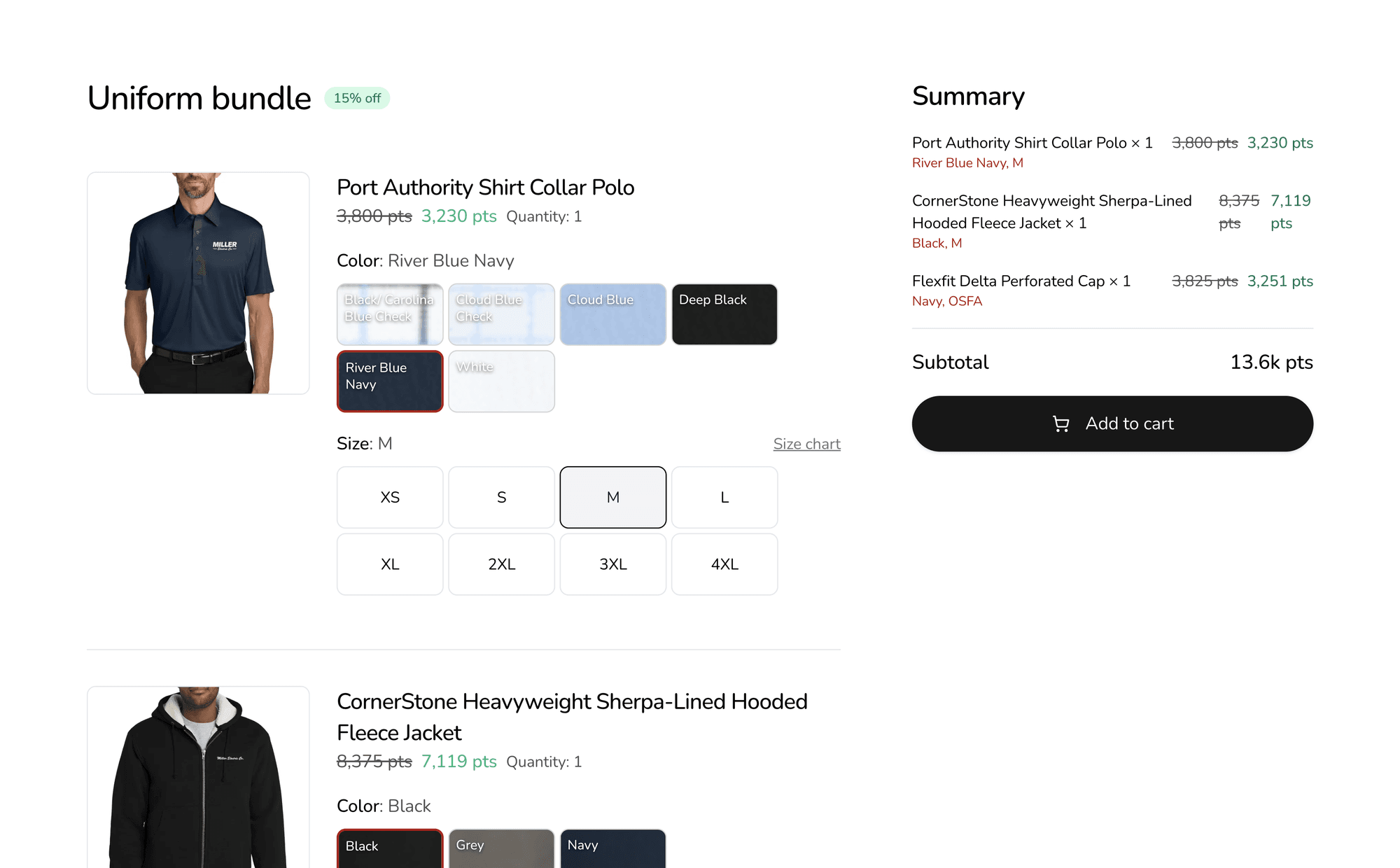 A Miller Electric uniform bundle at 15% off: a polo, a fleece jacket and a cap priced in points, each with its color and size, and a summary with Add to cart